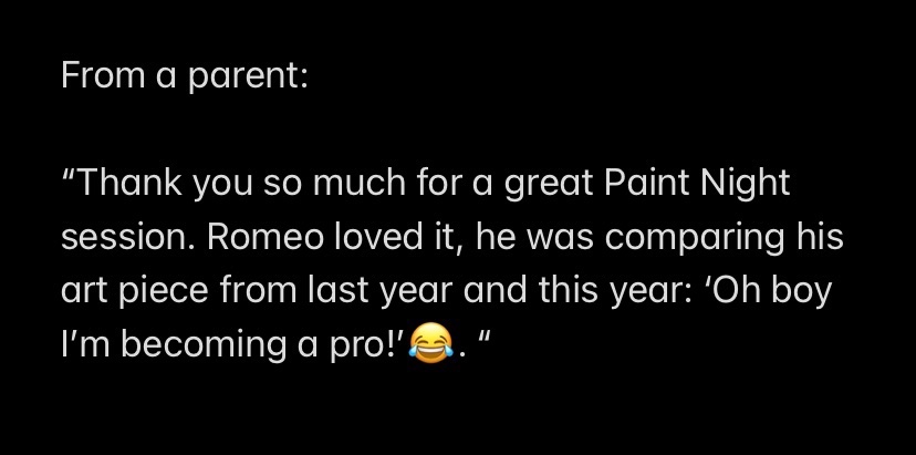 Hosting Camelot’s Virtual Paint Night was a highlight of my school year. The arts are thriving here! Want a link to view the workshop? Please take a photo of your creation and email it to me at aedesoto@fcps.edu.  youtu.be/ujrbsXOieRw