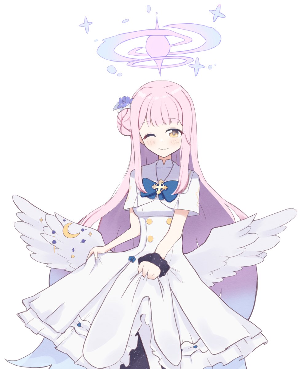 mika (blue archive) 1girl solo pink hair wings one eye closed halo dress  illustration images