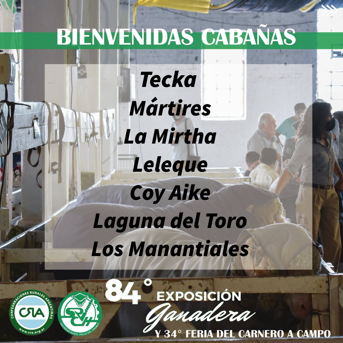 srvch's tweet photo. 📣 Bienvenidas #cabañas Tecka, Mártires, La Mirtha, Leleque, Coy Aike, Laguna del Toro, Los Manantiales a nuestra #84°ExposiciónGanaderay #34°Feriadelcarneroacampo 🐑
¡Gracias por formar parte un año más! https://t.co/1M0xd8oywu