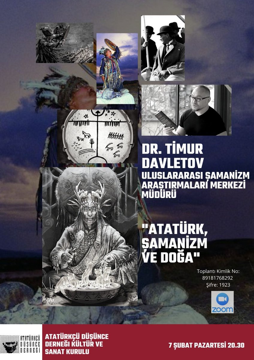 Atatürkçü Düşünce Derneği'nin (ADD) nazik daveti üzerine bu Pazartesi, 7 Şubat 2022'de saat 20.30'da Zoom'da halkbilimci ve yazar Ömer Ünal'ın moderatörlüğünde "Atatürk, Şamanizm ve Doğa" üzerine çevrimiçi bir konferans vereceğiz🌿
Toplantı Kimlik No: 89181768292
Şifre: 1923