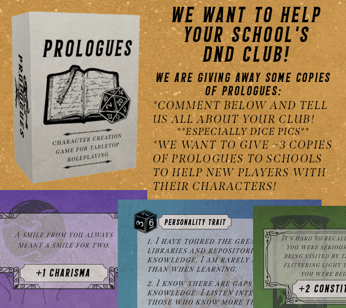 ProloguesDnD's tweet photo. Do you run a #DnD club in your school? As an educator, I want to help you out with a free copy of Prologues to use with your students!

Please share this with everyone you know that helps bring the joy of DnD into schools!

#SchoolDnD #ttrpgfamily #ttrpgsolidarity #ttrpg #dnd5e https://t.co/SWmCMahdC4