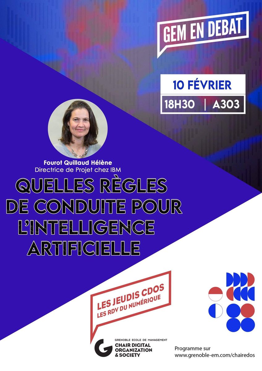 Le rendez-vous numérique autour de l'intelligence artificielle de la semaine prochaine portera autour des règles de conduites vis à vis de l'IA en compagnie d'Hélène Fourot Quillaud, directrice de projet chez IBM.
En A303 ou via ce lien : grenoble-em.zoom.us/my/semarda303