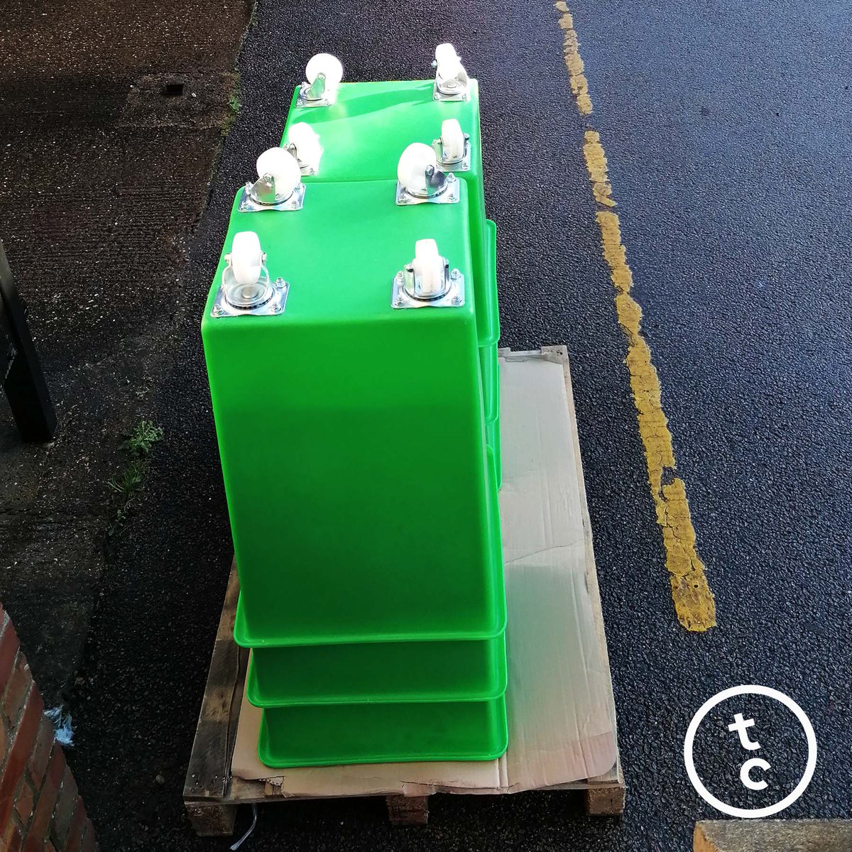 twochimpscoffee's tweet photo. Out with the old (coffee buckets) and in with the new (coffee bins)!

We’ve upgraded to snazzy green bins! They’re wheelie good! 

#BehindTheScenesSaturday

#twochimpscoffee #behindthescenes #behindthescenessaturday #coffeesecrets #buisnessgrowth #companygrowth https://t.co/vX4A96cM3D