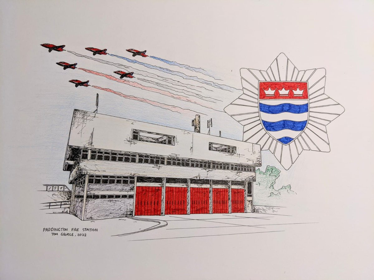 Here is a close up of Paddington Fire Station that you may have seen in a previous post. FF Sherlock used to serve with the RAF hence the red arrows. 

Someone leaving the brigade? Message me if you would like to discuss a possible gift/drawing.

@LFBWestminster https://t.co/WXLTSn5rCc