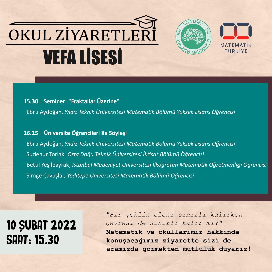 Akıl Oyunları ve Matematik Kulübü olarak bu seneki ilk yüz yüze etkinliğimizle karşınızdayız! Türkiye Matematik Kulübü <a href="/matematiktr2020/">Türkiye Matematik Kulübü</a> ile düzenlediğimiz etkinlik 10 Şubat'ta sinevizyon salonunda başlayacak. Etkinliğimiz iki bölümden oluşacak. İlgilenen Vefalıları bekliyoruz!