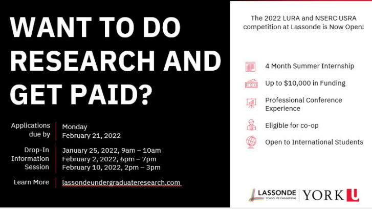 Calling all students! Looking to grow and develop your research skills this summer while getting paid? The 2022 LURA &amp; NSERC USRA competition at Lassonde is now open! Each award is approximately $10,000 and could qualify as your co-op term.

Learn more ➡️ bit.ly/3rAcUHK