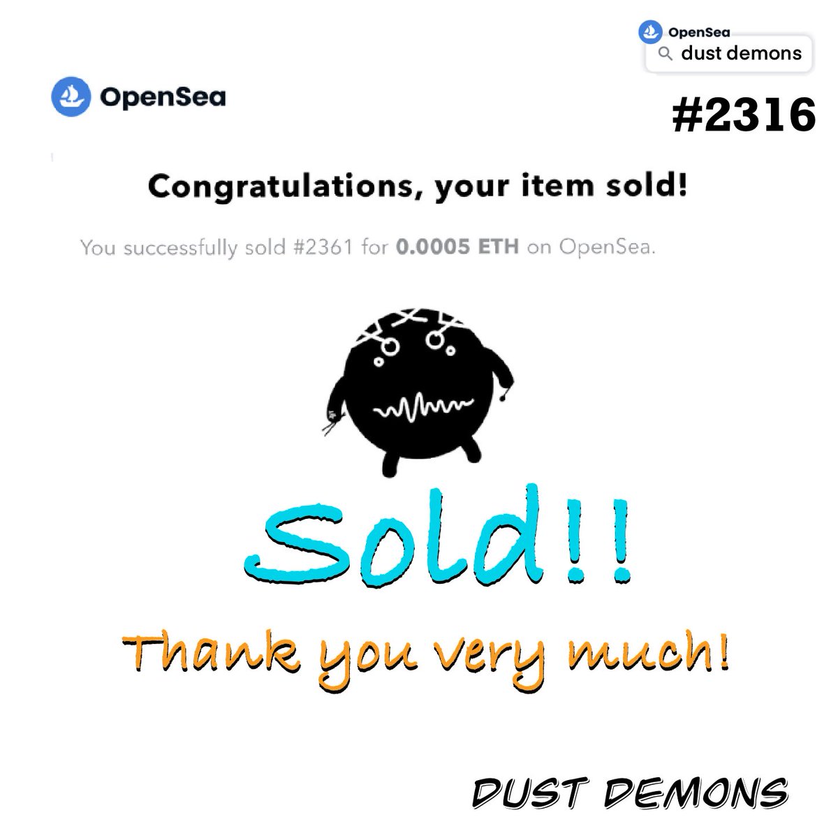 dust_demons's tweet photo. #sold !
I am very grateful to you guys!!🙃🙏🎉

Check out my lovely families on @opensea
https://t.co/Hagcdh3VZq

#NFT #opensea #original #art #creator #eth #crypto https://t.co/OaBi5k42jZ