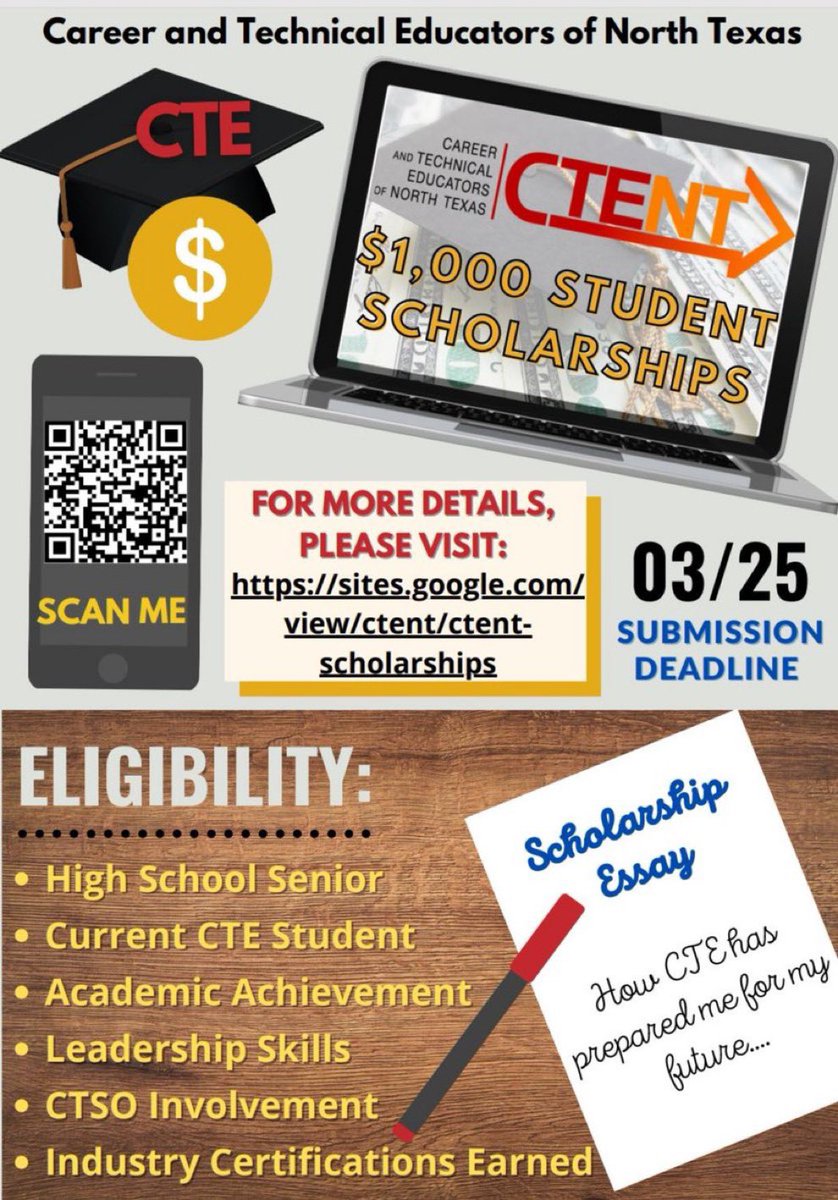 CTE_Bears's tweet photo. CTE Scholarship opportunity!  Follow the link for more details!  https://t.co/YdYEFSRBxW @wsisdschools @Bears_TAFE @BREWER_HOSA @brewerfccla @BearsFCCLA @brewerhighwsisd https://t.co/SpAzwqBMkY