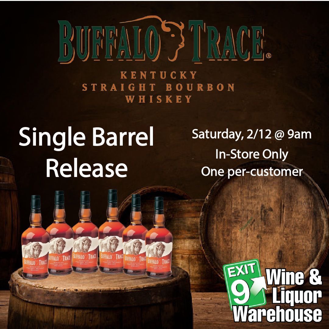 Exit9Wine's tweet photo. You won't want to miss this one! On Saturday 2/12, at 9am, we'll be releasing our Buffalo Trace Single Barrel pick. We picked this barrel over 5 months ago, and are so excited to finally be able to share it with you. Our Single Barrel pick is $34.87! https://t.co/ycUaT01Oti