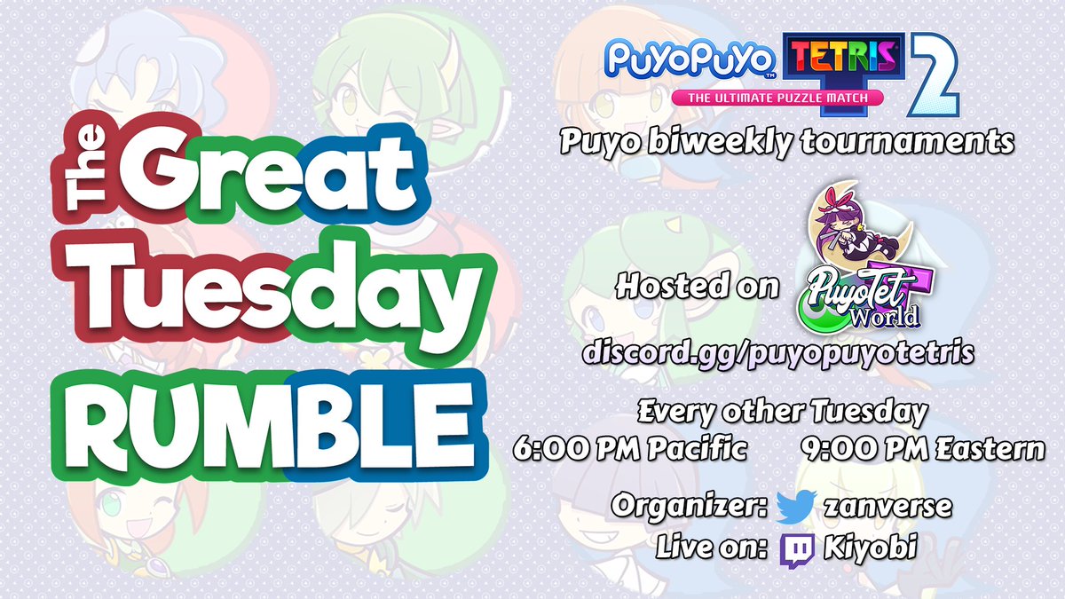 zanverse's tweet photo. Great Tuesday Rumble #2 signups are now live! Now at a new (old) time! #playpuyo

When: February 8, 9PM Eastern / 6PM Pacific
Signups: https://t.co/chYSnlkrN9
Stream: https://t.co/bJZMEZm3l3 https://t.co/PQvn4h1dIi