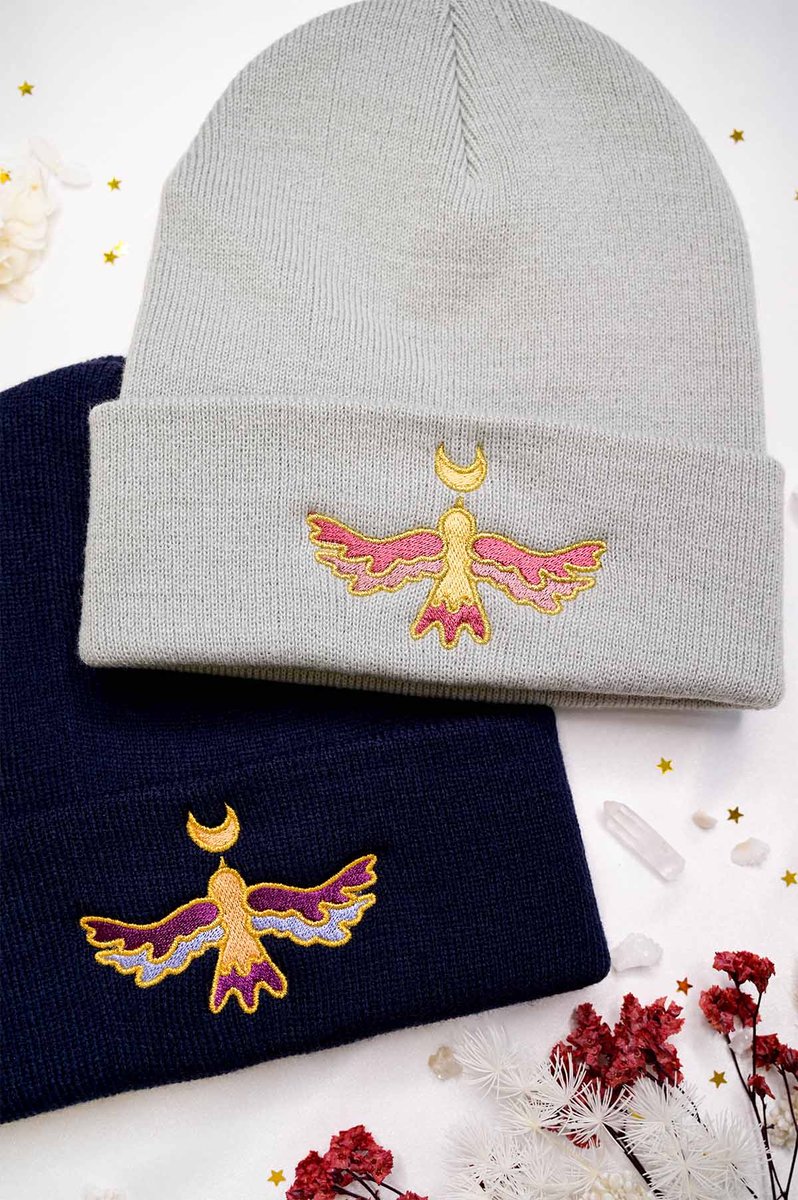 TheColorOfSpac's tweet photo. Lunar Bird embroidered beanie hats by The Color of Space! Check it out for more magical designs! #beanie #hats #hat #embroidered #magic #embroidery https://t.co/71GtA22dmn