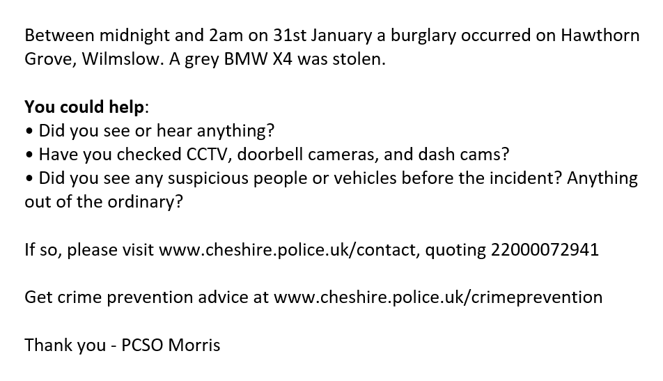 PoliceWilmslow's tweet photo. Officers are investigating a burglary on Hawthorn Grove on 31st January. Please see the attached image for more details https://t.co/zFSFsQqI6m