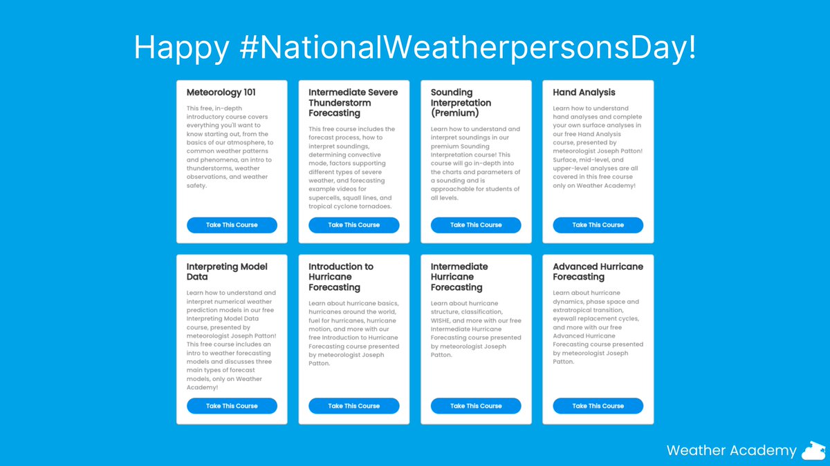 weatheracad's tweet photo. Happy #NationalWeatherpersonsDay to everyone from Weather Academy! What better way to celebrate than taking one of our eight courses at https://t.co/vW2s6cWCNM! https://t.co/sipAtQNsP1