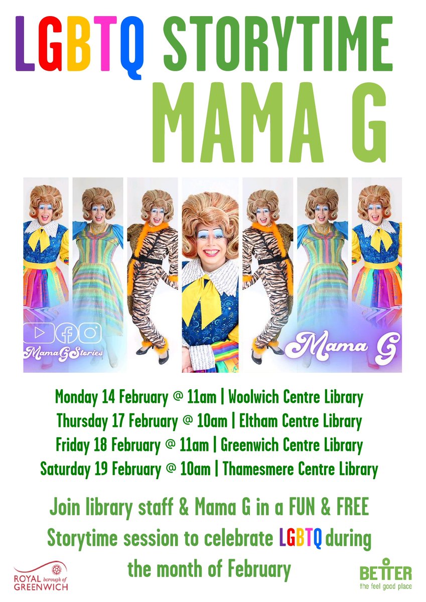 There's still time to see the fabulous #MamaG from <a href="/PetitePantos/">Petite Pantos</a> at  different #GreenwichLibraries over half term for some fun LGBTQ storytimes 📚 Celebrate LGBT History month with us+hear some great stories 🌈 #LGBTHM22 <a href="/LDNLibraries/">London Libraries</a> <a href="/Royal_Greenwich/">Royal Borough of Greenwich</a> <a href="/Better_UK/">Better</a> #LoveYourLibrary