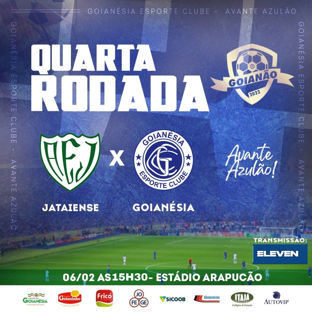 AMANHÃ TEM AZULÃO EM CAMPO!!
O Maior do Vale💙🦅

Goianão 2022🏆
Quarta Rodada

Jataiense x Goianésia
⏰ 15:30h
🏟 Arapucão 

Contamos com sua torcida!🙌🏻🇫🇮
Transmissão ao vivo Eleven📡📲

#goianão2022 #azulãodecoração #euacredito #pracimadelesazulão #maiordovale