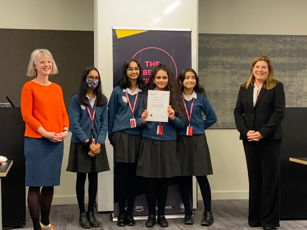 Brilliant to celebrate <a href="/tiffingirls_sch/">Tiffin Girls’</a> - London winners of  <a href="/NCSC/">NCSC UK</a>'s #CyberFirst Girls Competition. 
Too few women work in cyber security - all of the bright young women I met today have the power to change that. 
Congratulations to all the teams. Thank you to hosts <a href="/AmazonUK/">Amazon.co.uk</a>.