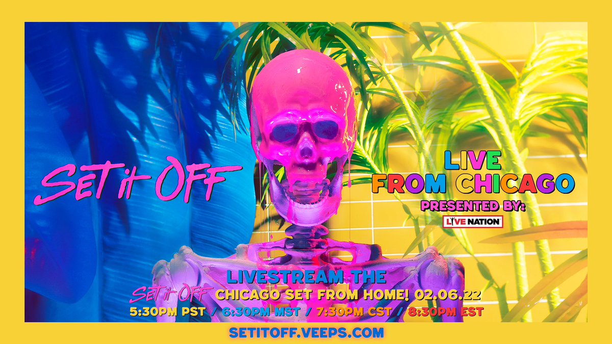 Set It Off (@setitoff) on Twitter photo β¨ tomorrow β¨
we'll be live-streaming our show from the <a href="/HOBChicago/">House of Blues Chicago</a> - get your tickets and exclusive merch at setitoff.veeps.com!
the livestream will be available to watch from anywhere (!!) & you can re-watch it for 48hrs after the show ππ
<a href="/Veeps/">Veeps</a> / <a href="/LiveNation/">Live Nation</a> π β¨ tomorrow β¨
we'll be live-streaming our show from the <a href="/HOBChicago/">House of Blues Chicago</a> - get your tickets and exclusive merch at setitoff.veeps.com!
the livestream will be available to watch from anywhere (!!) & you can re-watch it for 48hrs after the show ππ
<a href="/Veeps/">Veeps</a> / <a href="/LiveNation/">Live Nation</a> π