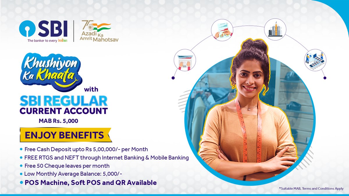 TheOfficialSBI's tweet photo. Choose the right path to grow with SBI Current Account. Open an account today and take advantage of a variety of privileges!
Know more: https://t.co/pWo3FK5OPo 
#SBI #SBIRegularAccount #KhushiyonKaKhaata #RegularCurrentAccount #AmritMahotsav #AzadiKaAmritMahotsavWithSBI https://t.co/M37iu0mXGw