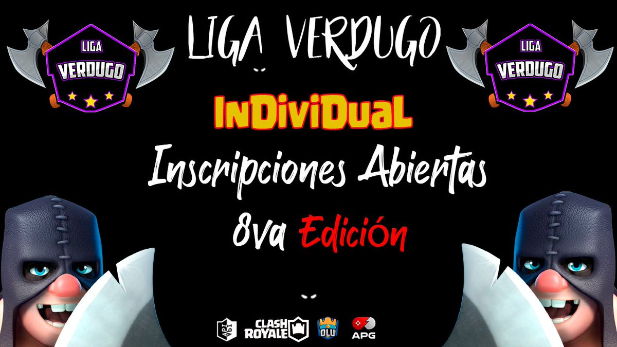 Liga Verdugo (@ligaverdugo) on Twitter photo 🔰INSCRIPCIONES ABIERTAS para la 8⃣va edición de
<a href="/ClashRoyale/">Clash Royale</a> individual
32 jugadores
10usd💵 al campeón
Requisitos
Dar ❤️ y RT mencionar a 3⃣ jugadores y conseguir 1⃣0⃣rt
Seguir a:
<a href="/LigaVerdugo/">Liga Verdugo</a>
@CHINOIII_CR
Mandar pruebas al MD de la liga
Demuéstralo en la arena de batalla 🔰INSCRIPCIONES ABIERTAS para la 8⃣va edición de
<a href="/ClashRoyale/">Clash Royale</a> individual
32 jugadores
10usd💵 al campeón
Requisitos
Dar ❤️ y RT mencionar a 3⃣ jugadores y conseguir 1⃣0⃣rt
Seguir a:
<a href="/LigaVerdugo/">Liga Verdugo</a>
@CHINOIII_CR
Mandar pruebas al MD de la liga
Demuéstralo en la arena de batalla