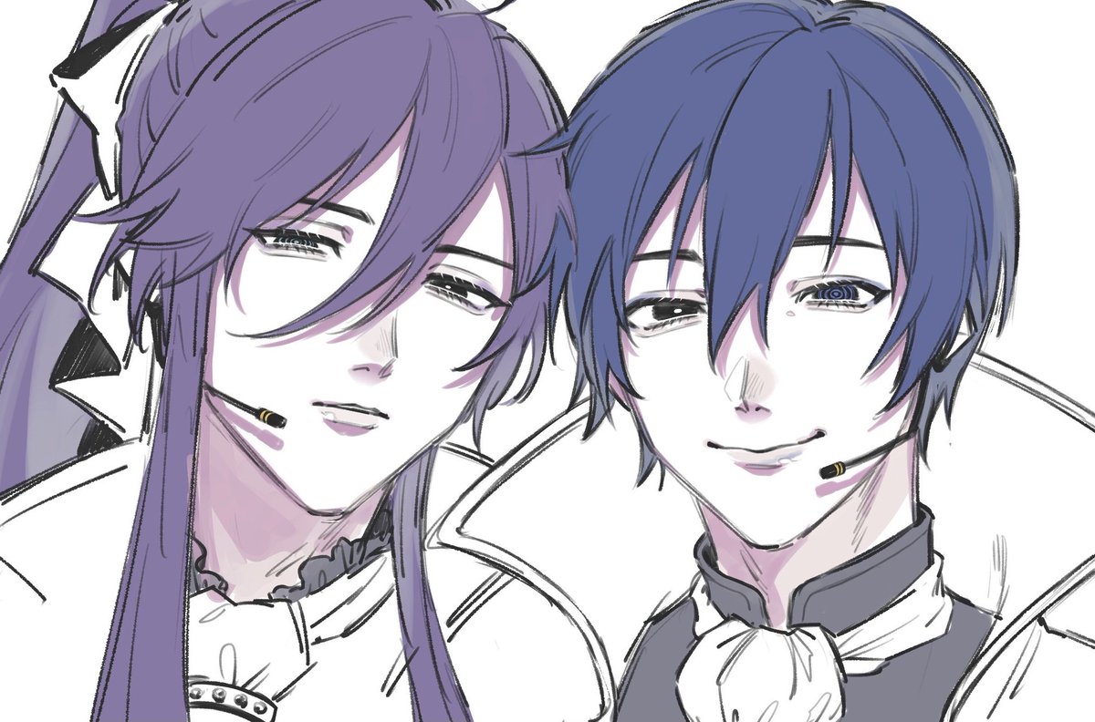 kaito (vocaloid) ,kamui gakupo 2boys multiple boys male focus headset purple hair ponytail blue hair  illustration images