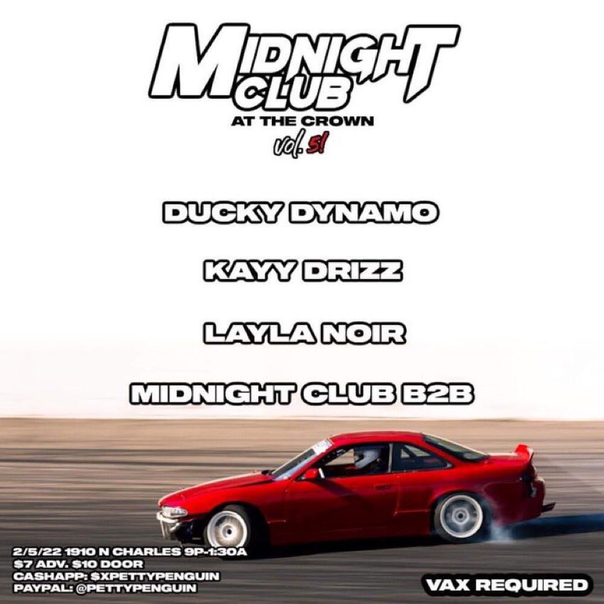 9PM TONIGHT!!! Midnight Collective is back at the Crown for volume 5 of their party series . Come through for another night of club and house music, and a special midnight club b2b set! Proof of vaccination required. 

See y’all there 🏎💨🔥
$10 At The Door. 21 Plus.