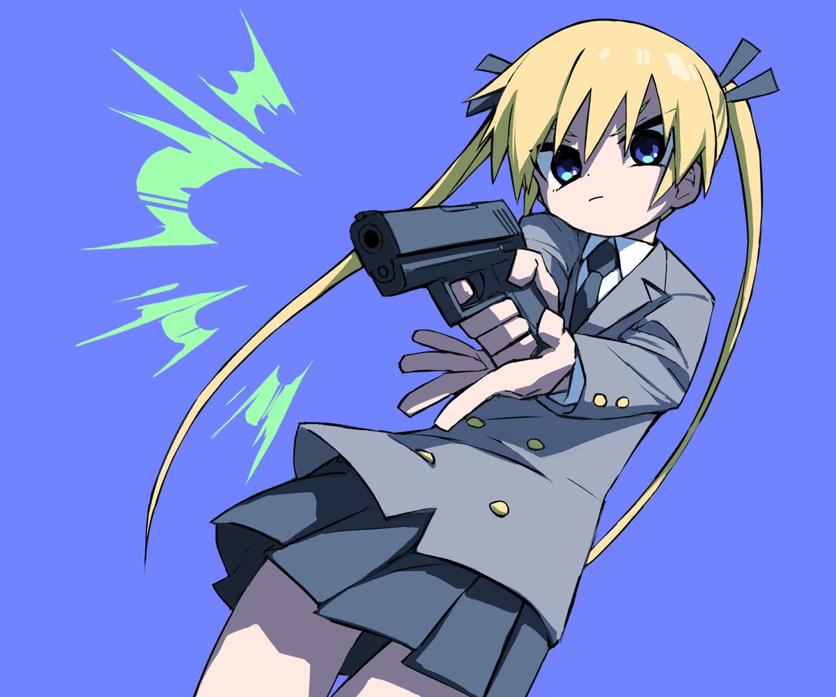 sonya (kill me baby) 1girl solo twintails weapon blonde hair gun necktie  illustration images