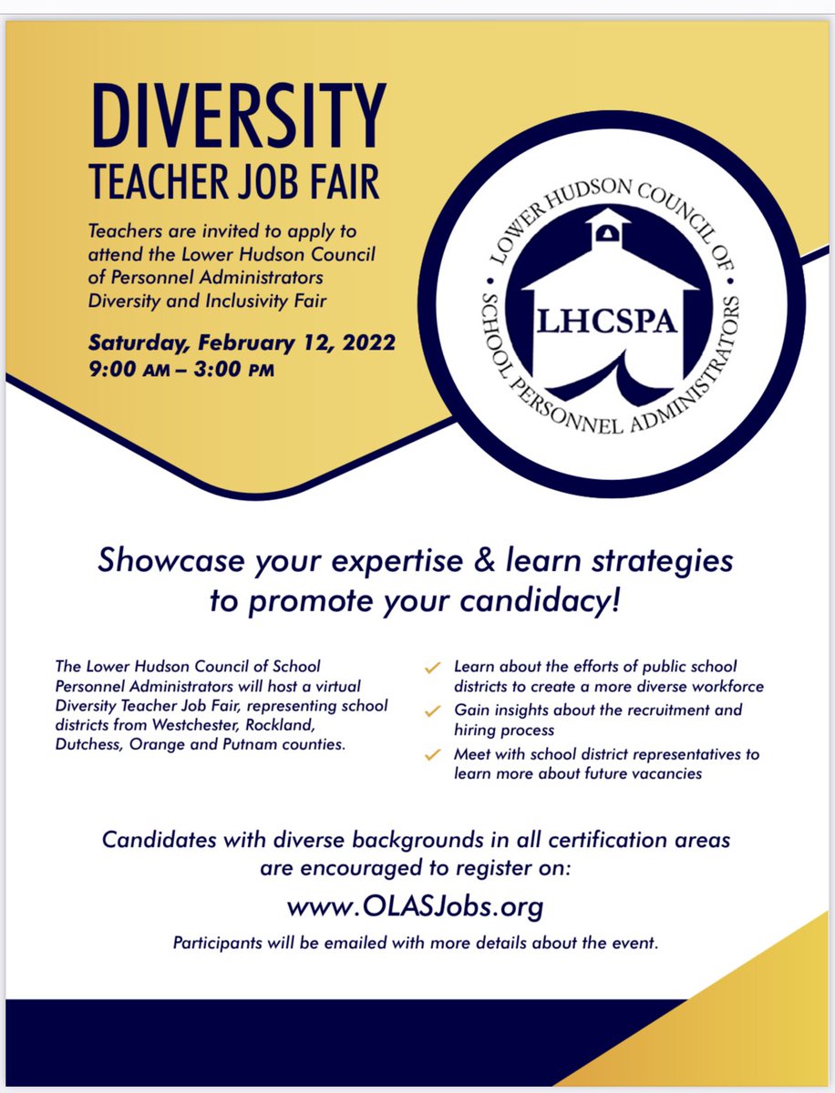 Are you a thoughtful, innovate & passionate BIPoC educator looking to work in an amazing district in Westchester, NY? Then please consider participating in our annual job fair & applying at: olasjobs.org We hope to see you there! #NYEDChat #edchat #satchat