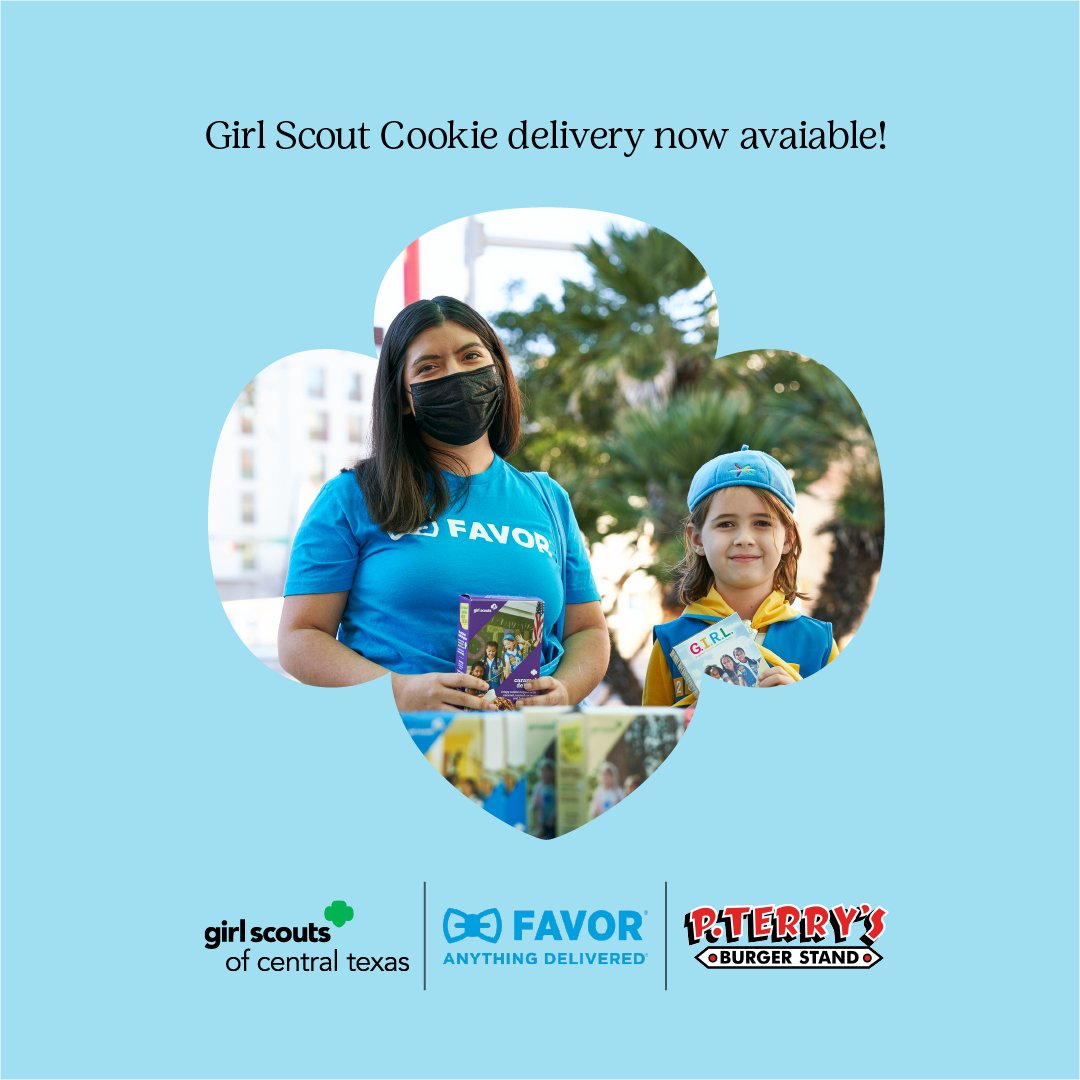 GSCTXcouncil's tweet photo. Your favorite #GirlScoutCookie is delivered straight to your door on the weekends! 🚗 ➡️ 🏠 @favor and @p_terrys are partnering with #gsctx this cookie season to offer more contactless delivery options in #ATX. Visit https://t.co/jKYa58QihW for participating P. Terry's locations. https://t.co/Ege8XQzm7M