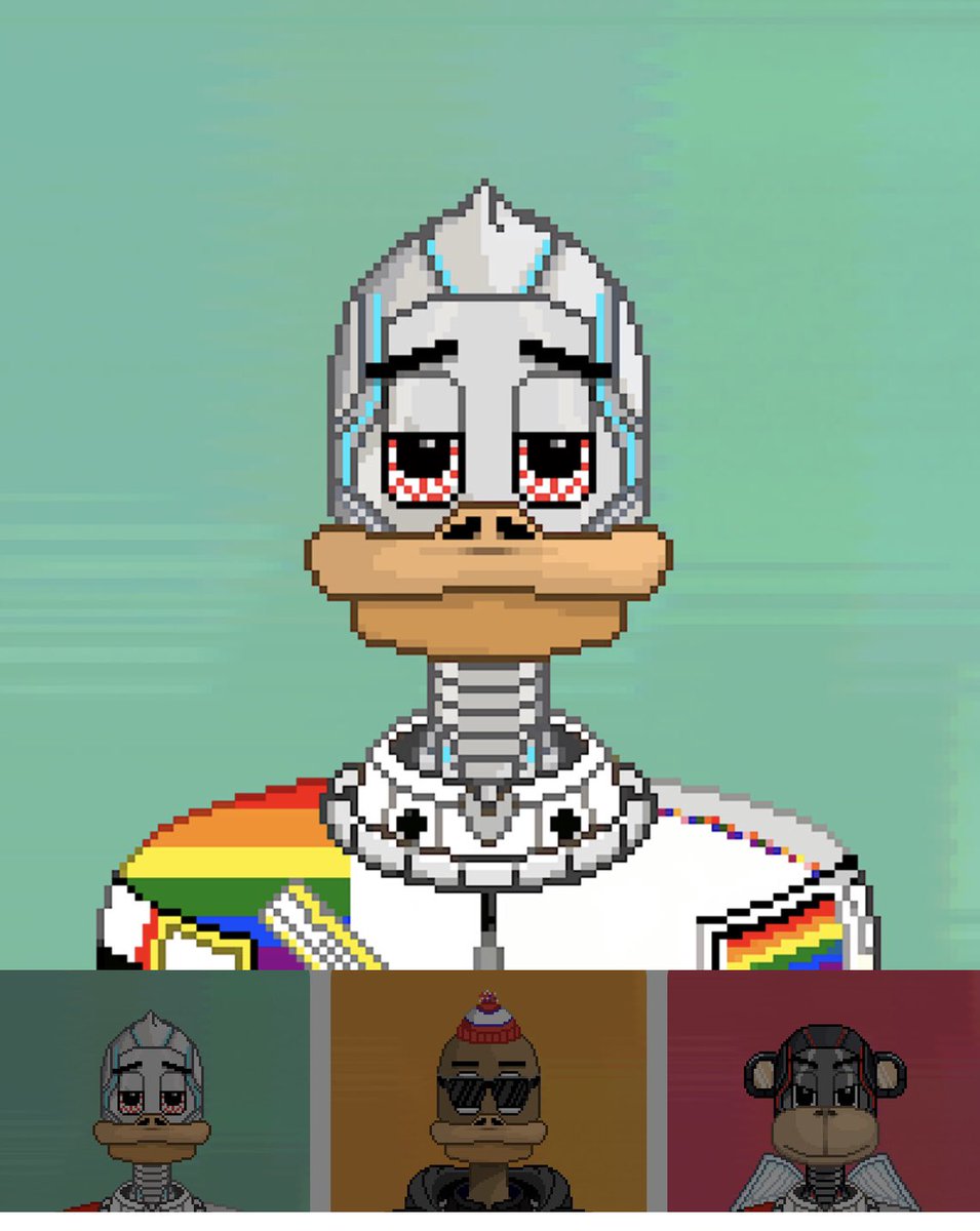 rughospital's tweet photo. @kreetur_ @PlayColony I’m Hyped even though my duck 🦆 dosnt show it and looks sad.  Is this guy just stoned or do all cyborgs wake up feeling #meh?  I don’t think he got all his GMs yet…. Has anyone seen my dog anywhere?  #lostdog in the #metaverse #colonistfollowcolonist @PlayColony #eth #ethgame https://t.co/esvdBzXp5i