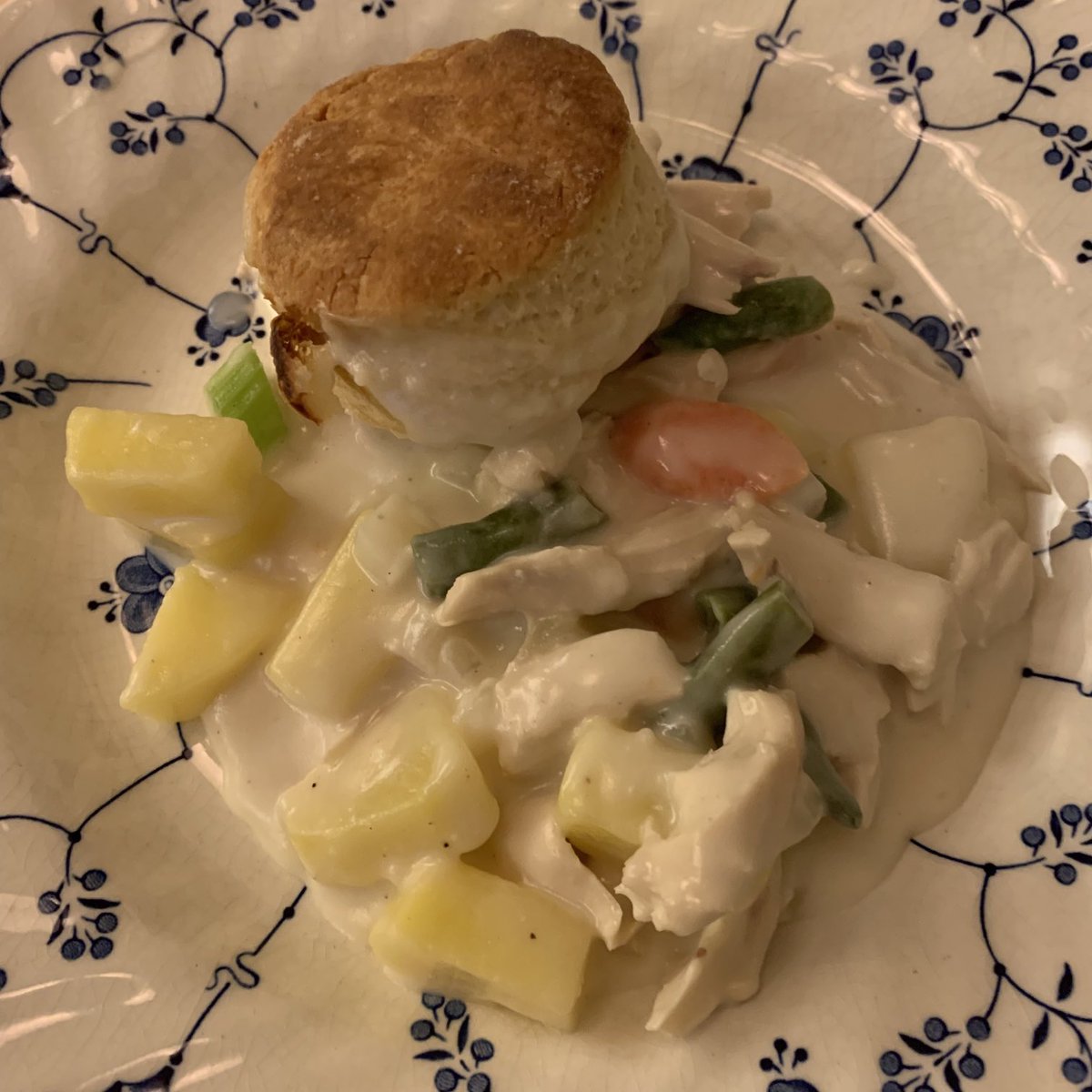 Last night’s #chickenpotpie was a cozy meal on a cold winter night. Homemade stock, heavy cream, tender chicken, seasonings, potatoes, onion, carrots, celery, green beans and flaky homemade biscuits. Bring on the snow…I’m ready! #CelebratingHome #swansnest