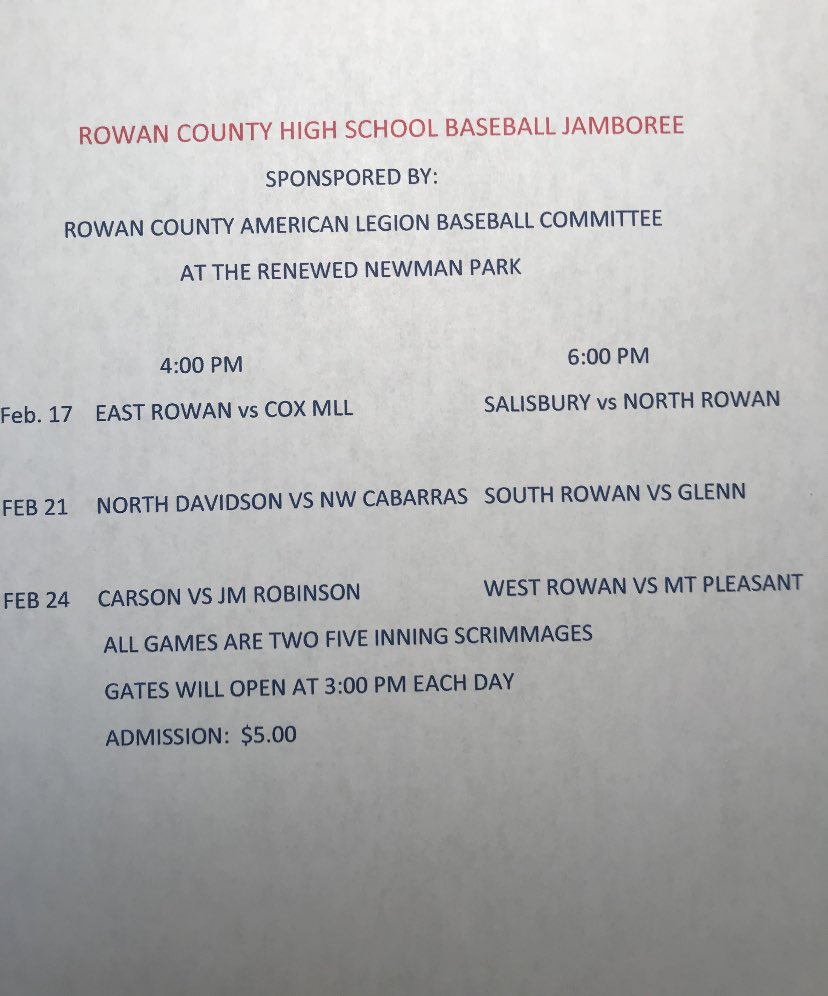 West Rowan Baseball on Twitter "Schedule for the Rowan County
