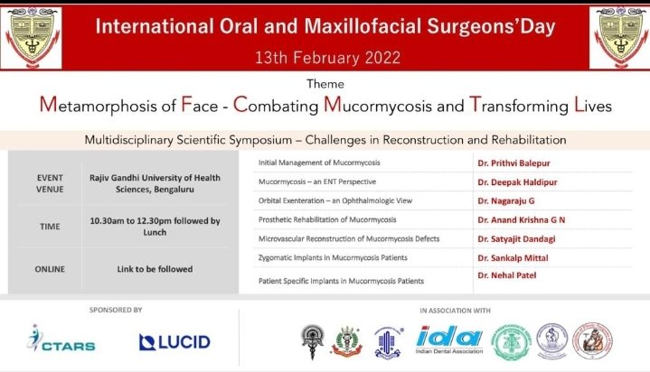 AOMSI (Asso. Oral & Maxillofacial Surgeons India) (@aomsiofficial) on Twitter photo #AOMSI Program on Feb 13th 2022 #InternationalOralandMaxillofacialsurgeonsDay #IntOMFSDay.
Metamorphosis of face- Combating #mucormycosis & transforming lives. ONLINE : link to be followed <a href="/PMOIndia/">PMO India</a> <a href="/MoHFW_INDIA/">Ministry of Health</a> <a href="/NITIAayog/">NITI Aayog</a> <a href="/IndiaToday/">IndiaToday</a> <a href="/DainikBhaskar/">Dainik Bhaskar</a> @ #AOMSI Program on Feb 13th 2022 #InternationalOralandMaxillofacialsurgeonsDay #IntOMFSDay.
Metamorphosis of face- Combating #mucormycosis & transforming lives. ONLINE : link to be followed <a href="/PMOIndia/">PMO India</a> <a href="/MoHFW_INDIA/">Ministry of Health</a> <a href="/NITIAayog/">NITI Aayog</a> <a href="/IndiaToday/">IndiaToday</a> <a href="/DainikBhaskar/">Dainik Bhaskar</a> @