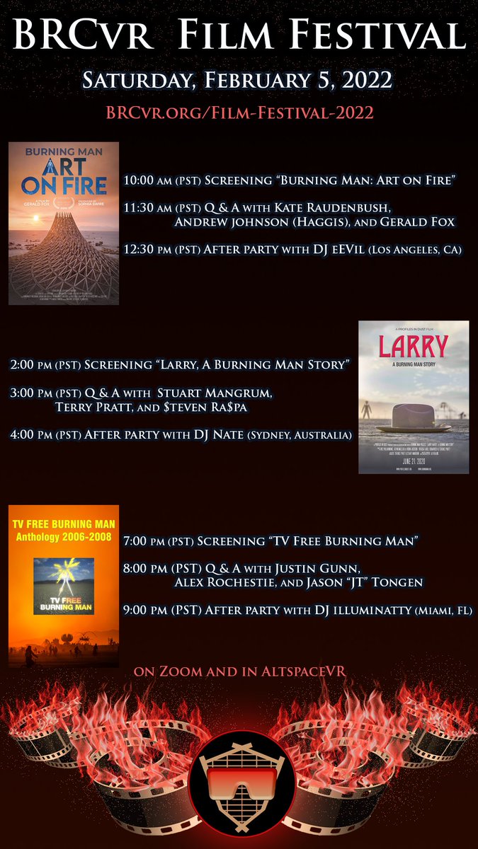 Today starting at 10am PST! 

BIG ROCK CREATIVE PRESENTS BRCvr FILM FESTIVAL 2022 - A FREE, FULLY IMMERSIVE GLOBAL FILM FESTIVAL IN THE METAVERSE

SATURDAY, FEBRUARY 5, 2022 - A BURNING MAN INSPIRED EXPERIENCE IN 3D AND 2D ACROSS VR, DESKTOP, TABLET AND MOBILE
<a href="/burningman/">Burning Man Project</a> #BRCvr