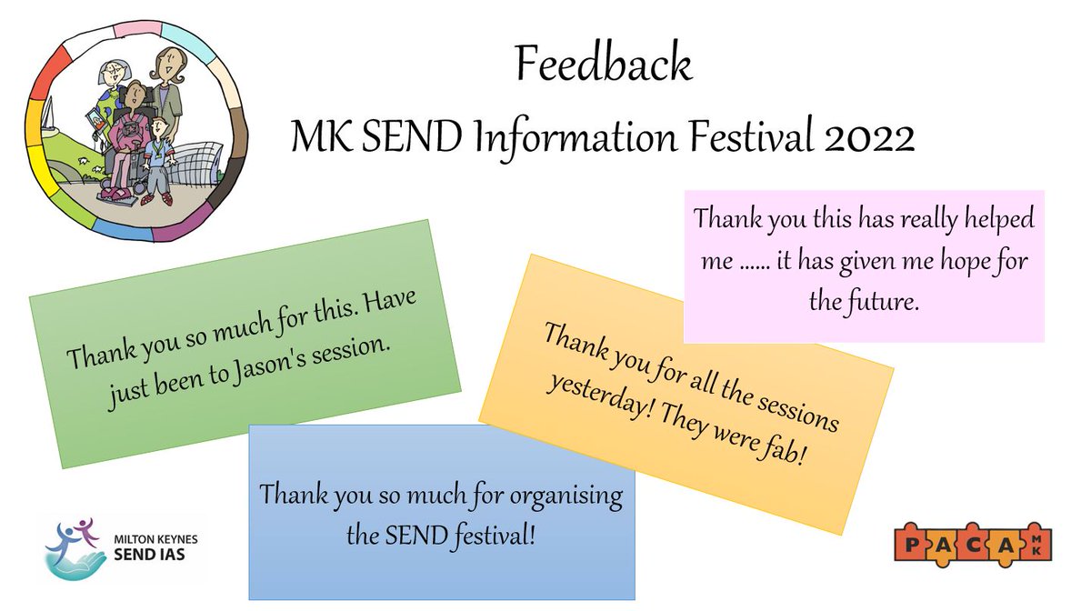 Thank you for attending #MKSENDinfoFest

Pls don't forget to complete feedback form with a chance of winning gift vouchers - 360 Play, Wolverton Swimming &amp; Fitness Centre, &amp; a restaurant voucher.

Your feedback will help us plan our future events.
 
#MKSENDinfoDay #SEND <a href="/PacaMk/">PACA MK (Parent and Carers Alliance MK)</a>