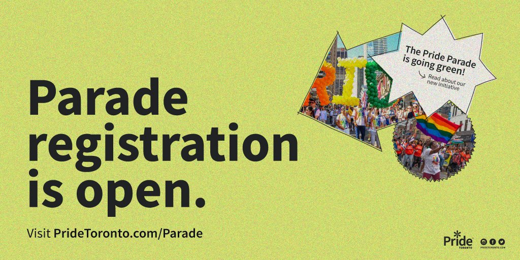 Parade registration is open 📣 Pride Toronto is excited to be taking a more sustainable approach to its annual Parade with the goal to eventually host a zero-waste Pride festival in the future. 

For more info and to register, visit PrideToronto.com/Parade 

#PrideToronto