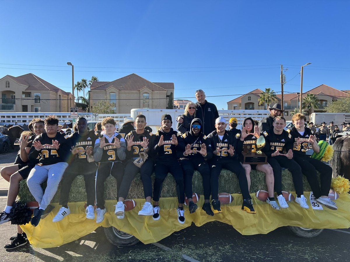 Saguaro_HS's tweet photo. Our State Champion @saguarofootball team is loaded up on the wagon ready for the Scottsdale #ParadaDelSol Parade. #SagU #Family @SaguaroSUSD @ScottsdaleUSD https://t.co/w5Hcr4bBF2
