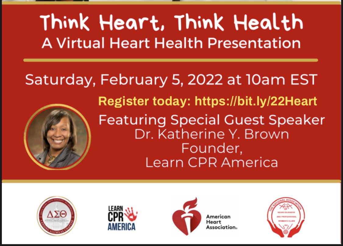 KatherineYBrown's tweet photo. Thank you to the #ThinkHeartThinkHealth team for having me as the #keynote speaker 2/5/2022 to educate on heart health & equipping attendees with life-saving CPR skills.
@glaclansing @lacdeltas @aarp
@learncpramerica
#drkatherineybrown
#learncpramerica
#thinkheartthinkhealth https://t.co/neaVdjr3cn