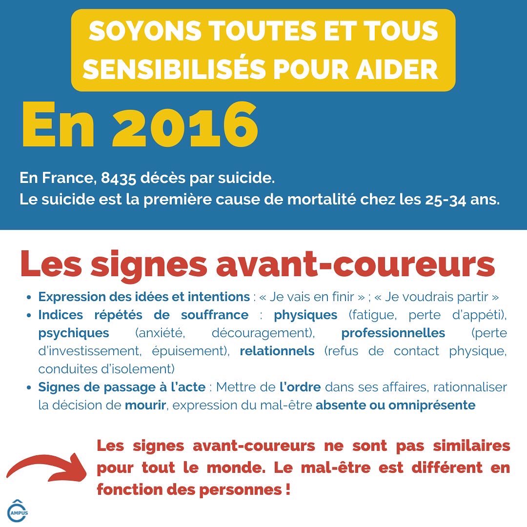 Le 5 février est la journée nationale de prévention du #suicide ❗️

En 2016, c’était 8435 décès par suicide, qui est la 1ère cause de décès pour les 25-34 ans ‼️
IL FAUT SE SENSIBILISER DONC PARLONS-EN 🗣

Des numéros d’aides sont là pour vous écouter comme le <a href="/3114_appel/">𝟯𝟭𝟭𝟰</a> 📞