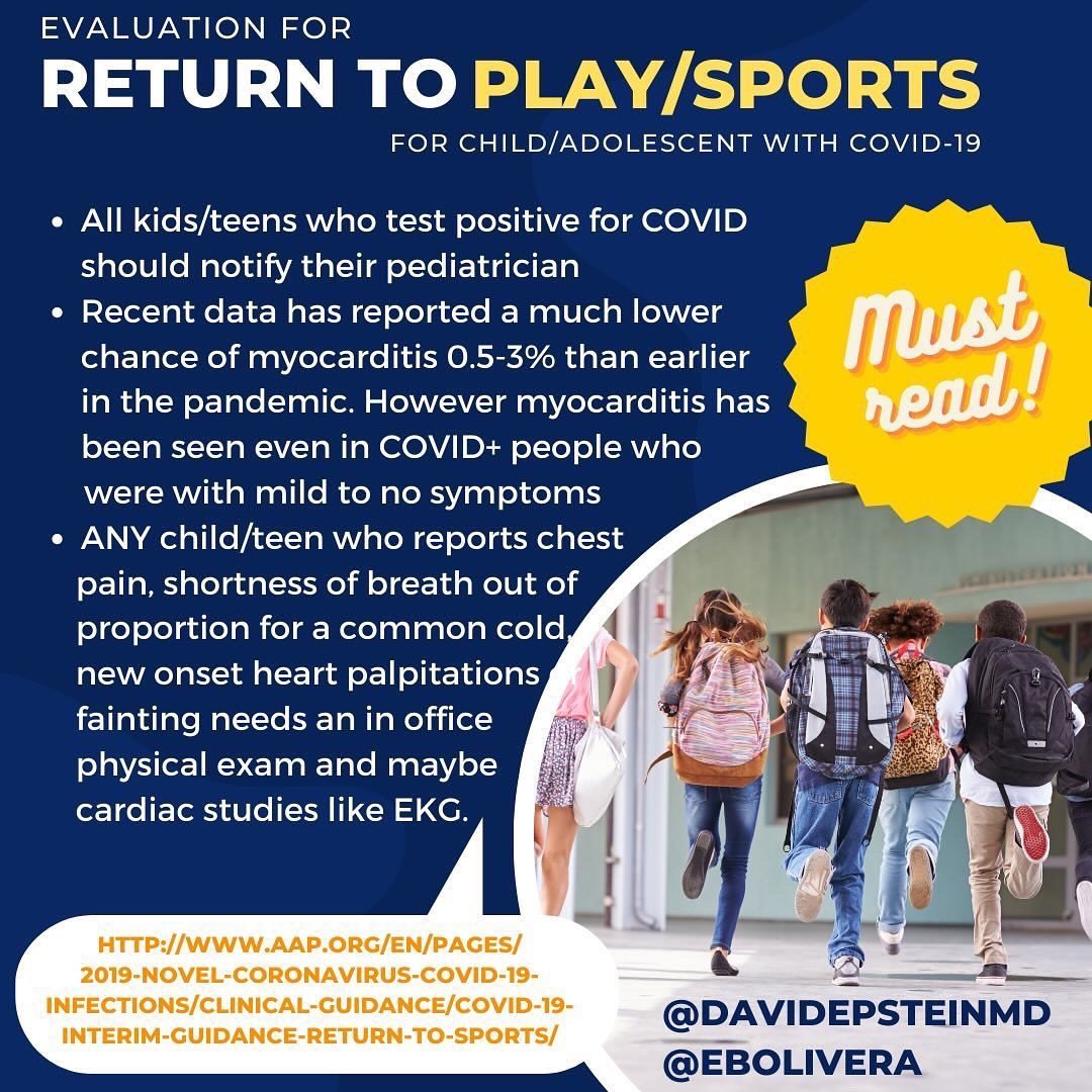 DavidEpsteinMD's tweet image. When can kids go back to sports after being infected with COVID-19? Here are the @AmerAcadPeds r commendations. If you have any questions, be sure to ask your child’s physician!

#covid_19 #covid #covid19 #children #sports #myocarditis #athletics #safetyfirst #kids #pediatrics