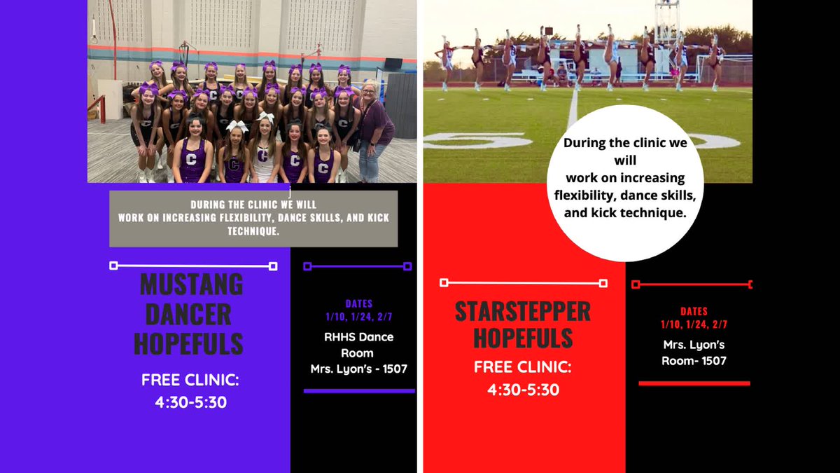 Interested in being a RHHS Starstepper or Cain Mustang Dancer? Come to a free clinic 2/7 from 4:30-5:30 p.m. at RHHS.
