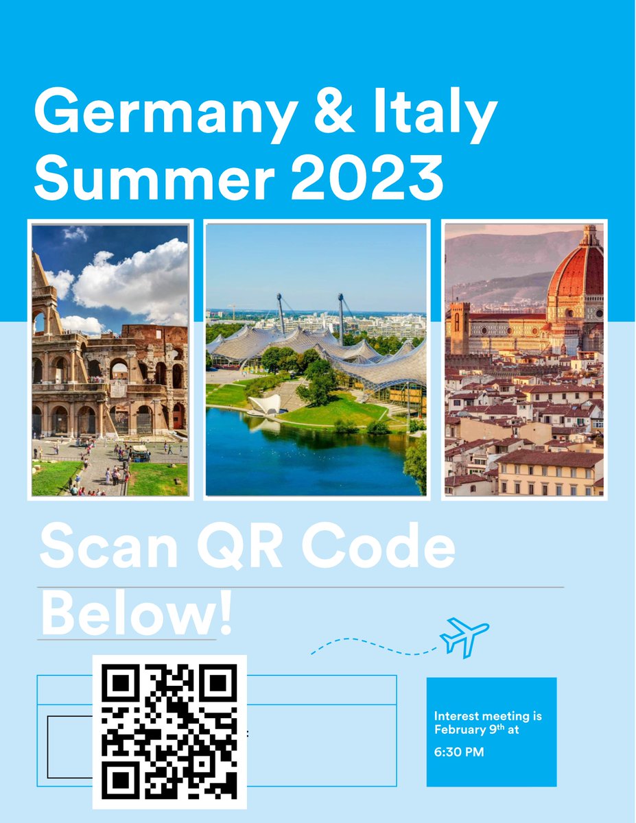 LHS is traveling to Germany and Italy!  Please join us for a virtual Zoom meeting Wednesday, February 9 at 6:30 pm for more information on our Travel Club adventure.  RSVP Required.  Scan the QR code.