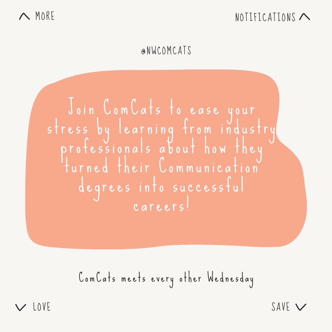 NWComCats's tweet photo. Join us next Wednesday at 6:00 pm via Google Meet to ease your stress by learning from an industry professional about how she turned her Communication degree into a successful career! Link will be posted on Twitter and Facebook. https://t.co/EzZ2V93YNo