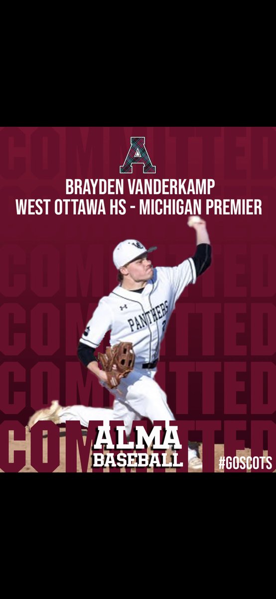 BraydenVanderK1's tweet photo. Blessed to announce my commitment to play baseball Alma College. Thank you to all my family, friends, and coaches for helping me get here. 
Go Scots! 🏴󠁧󠁢󠁳󠁣󠁴󠁿  #KILTSTYLE https://t.co/PHpopbJ1Hd