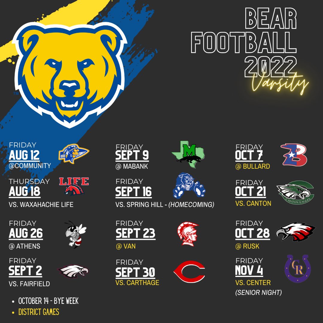 BISD_Tweet's tweet photo. It may be February, but Bear football is on the brain! Here is our schedule for the fall and we want you to #savethesedates ππ»ππ»π
@BrownsboroFB @KJBB947 @LanceConnot @hampton_keri @etfinalscore @BrandonOSports @AthReview @BrownsboroM https://t.co/cB92LB5wUd