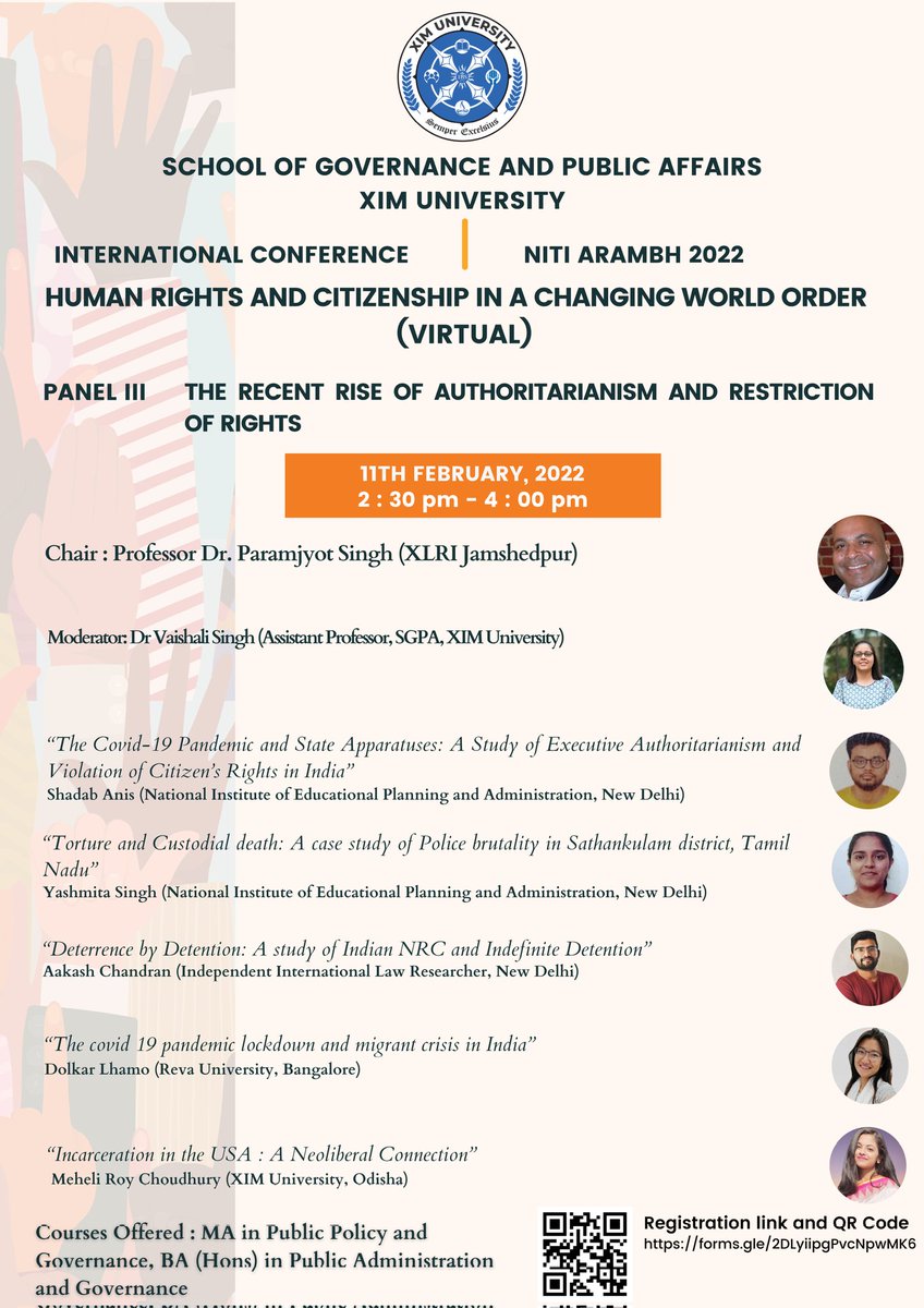 Johnny Arokiaraj (@johnnyarokiaraj) on Twitter photo School of Governance & Public Affairs, XIM University is organizing an international conference :
HUMAN RIGHTS AND CITIZENSHIP IN A CHANGING WORLD ORDER
Feb 10-11, 2022 (Virtual)
Keynote Lecture by <a href="/tvpaul1/">T.V. Paul</a>
Panel chairs <a href="/adilhossain/">Adil Hossain</a> <a href="/dhanasreej/">Dhanasree Jayaram, PhD</a> <a href="/Dr_Paramjyot/">Dr.Paramjyot Singh.</a>
Do register ! School of Governance & Public Affairs, XIM University is organizing an international conference :
HUMAN RIGHTS AND CITIZENSHIP IN A CHANGING WORLD ORDER
Feb 10-11, 2022 (Virtual)
Keynote Lecture by <a href="/tvpaul1/">T.V. Paul</a>
Panel chairs <a href="/adilhossain/">Adil Hossain</a> <a href="/dhanasreej/">Dhanasree Jayaram, PhD</a> <a href="/Dr_Paramjyot/">Dr.Paramjyot Singh.</a>
Do register !