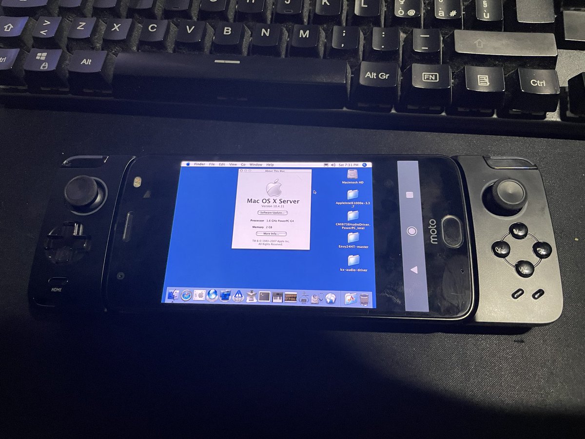 piecaruso97's tweet photo. Guys i can say i am one of the few humans who has successfully used #xcode on #android. i used limbo pc emulator which is a gui/manager for #qemu running a #powerpc gust with emulation. On the machine i have #osxtiger server 10.4.11 with xcode 2. The phone is a moto z2 force. https://t.co/nRpVFHIJjf