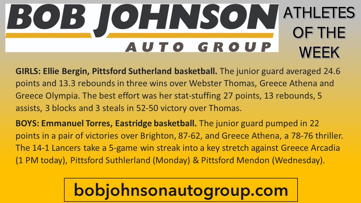 CONGRATS to @SutherlandBball guard Ellie Bergin and <a href="/EastridgeHoops/">Eastridge Boys Basketball</a> guard Emmanuel Torrest. They are the <a href="/BobJohnsonAuto/">BobJohnsonAutoGroup</a> Athletes of the Week on the CONNORS &amp; FERRIS HIGH SCHOOL SPORTS SHOW!

<a href="/PCSDAthletics/">Pittsford Athletics</a> 
<a href="/ERidgeLancers/">Eastridge Athletics</a> 
<a href="/SBradleyRoc/">Steve Bradley</a> 
<a href="/RocSportsNOW/">RocSportsNOW</a>