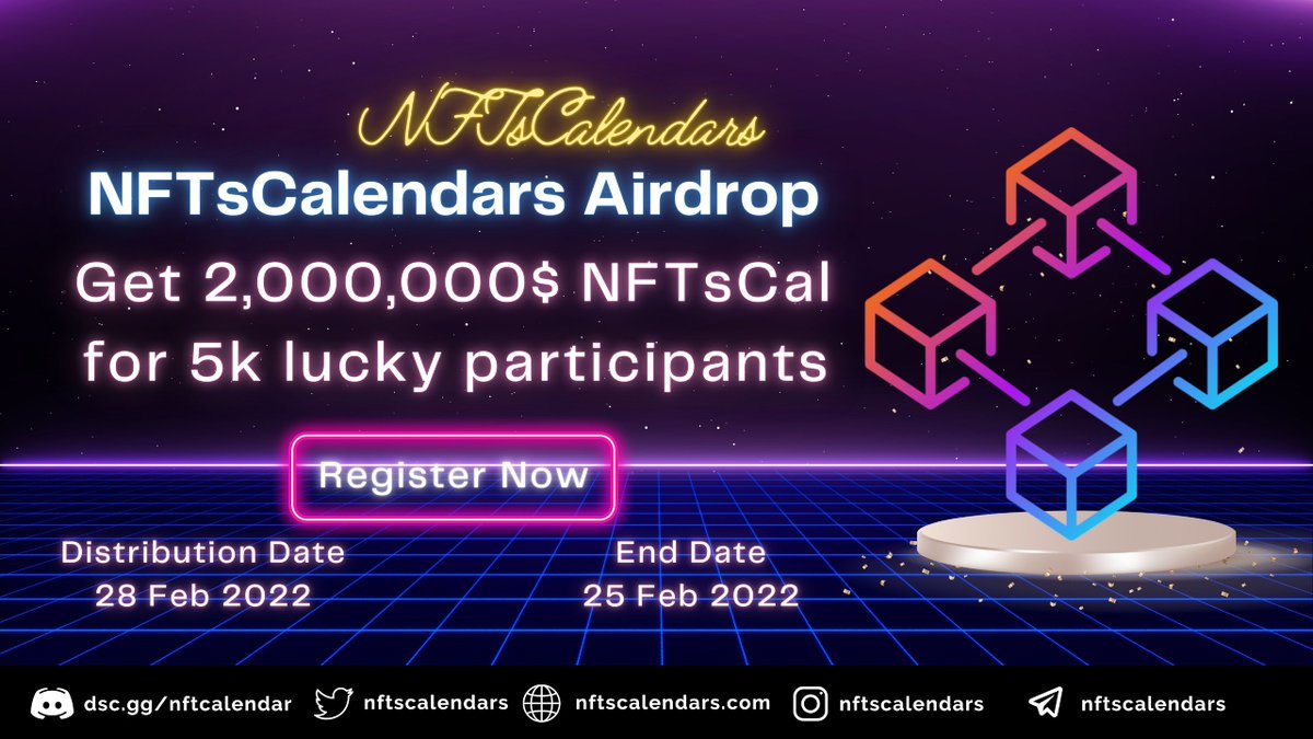 AirdropKingNews's tweet photo. New Airdrop: NFTsCalendars
Reward: 1 NFTsCal 
Distribution date: 28 February, 2022

🔗Airdrop Link: https://t.co/SpuFqHMwSX

-Complete all tasks of the airdrop
-Submit your ERC-20 wallet address
- For 2,000random participants 

-Top referrals 10 winners receive each 100 NFTsCal https://t.co/N0mqnXvrFu
