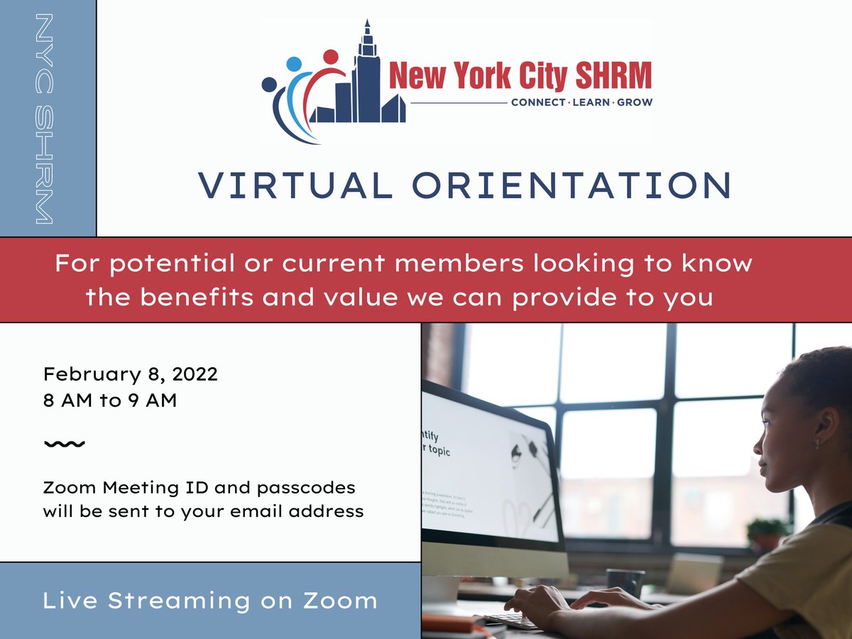 NYCSHRM's tweet photo. February 8 at 8 am. #NYCSHRM welcomes new members at a virtual orientation. Learn about virtual opportunities for networking, learning and #HR professional development!    #HRCommunity  https://t.co/kS652oiBwZ via ^VH https://t.co/LGHKYCB0Nt