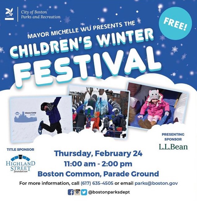 BostonSchools's tweet photo. ATTN @BostonSchools Community: Looking for fun &amp; free activities during February break? Join @BostonParksDept on Feb. 24 for the annual Children's Winter Festival. This year will feature music, giveaways, winter attractions, treats, crafts, &amp; more: https://t.co/XXfqy7Ff8p https://t.co/v30qTjZxzA